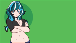 Size: 1920x1080 | Tagged: safe, artist:szabobali, derpibooru import, oc, oc only, oc:hyemal, human, barely pony related, belly button, blue eyes, breasts, cute, female, growling, humanized, humanized oc, simple background, solo, wallpaper