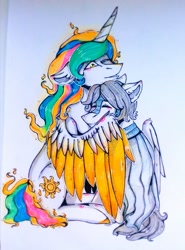 Size: 947x1280 | Tagged: safe, daybreaker, princess celestia, oc, oc:light knight, alicorn, pegasus, pony, canon x oc, hug, lightestia, traditional art, winghug