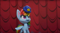 Size: 1673x936 | Tagged: safe, derpibooru import, screencap, rainbow dash, pegasus, pony, fashion failure, my little pony: pony life, my little pony: stop motion short, hat, rainbow dash always dresses in style, rainbow dash is not amused, unamused, wavy mouth