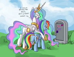 Size: 833x641 | Tagged: safe, artist:php58, edit, princess celestia, rainbow dash, alicorn, pegasus, pony, anarchy panty, anarchy stocking, celestia's grave meme, clothes, crying, exploitable meme, grave, implied death, meme, panties, panty and stocking with garterbelt, pink underwear, socks, stockings, striped socks, thigh highs, underwear