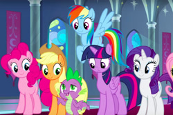 Size: 2070x1380 | Tagged: safe, derpibooru import, screencap, applejack, fluttershy, pinkie pie, rainbow dash, rarity, spike, twilight sparkle, twilight sparkle (alicorn), alicorn, dragon, earth pony, pegasus, pony, unicorn, the beginning of the end, canterlot, castle, cute, female, hat, male, mane seven, mane six, mare, stained glass, winged spike