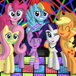 Size: 900x900 | Tagged: safe, artist:daedric-pony, derpibooru import, applejack, fluttershy, pinkie pie, rainbow dash, rarity, twilight sparkle, earth pony, pegasus, pony, unicorn, dance floor, dance party, eyes closed, glow rings, glowstick, laser, mane six, mouth hold, neon, neon bracelet, one eye closed, party, rave, rearing, smiling