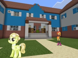 Size: 2048x1536 | Tagged: safe, artist:topsangtheman, artist:vector-brony, sunset shimmer, crystal pony, earth pony, pony, topsangtheman's minecraft server, equestria girls, golden glitter, house, looking at you, minecraft, photoshopped into minecraft