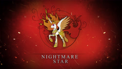 Size: 3840x2160 | Tagged: safe, artist:zidanemina, derpibooru import, nightmare star, mane of fire, raised hoof, solo, spread wings, wallpaper