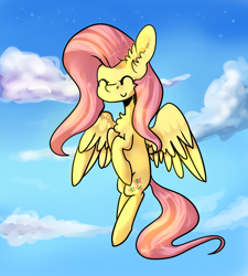 Size: 1800x2000 | Tagged: safe, artist:byspot, fluttershy, pegasus, pony, chest fluff, ear fluff, eyes closed, flying, solo