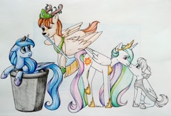 Size: 1943x1322 | Tagged: safe, artist:haru_s, princess celestia, princess luna, oc, oc:king mirael, oc:light knight, alicorn, pegasus, pony, armor, female, lightestia, male, mare, miraestia, miruna, one eye closed, shipping, stallion, straight, traditional art, trash can, wink