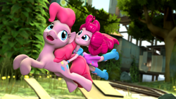 Size: 1920x1073 | Tagged: safe, artist:asmodeusthesexlord, pinkie pie, equestria girls, 3d, balloon, boots, bracelet, clothes, duo, duo female, female, high heel boots, human ponidox, jewelry, pony ride, self ponidox, skirt