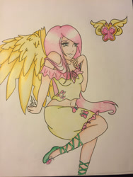 Size: 1024x1365 | Tagged: safe, artist:bpdmommy, fluttershy, human, belly button, clothes, element of kindness, humanized, midriff, shoes, shoulderless, simple background, skirt, solo, traditional art, winged humanization