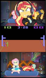 Size: 576x972 | Tagged: safe, fluttershy, sunset shimmer, equestria girls, atari 2600, basketball, converse, shoes, sports, sunset shimmer frustrated at game