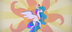 Size: 2131x956 | Tagged: safe, screencap, princess celestia, alicorn, pony, my little pony: the movie, crown, cutie mark, end credits, female, jewelry, mare, multicolored mane, multicolored tail, pointy ponies, praise the sun, purple eyes, regalia, royalty, smiling, solo, spread wings, sun, tiara