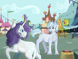 Size: 1024x773 | Tagged: safe, artist:uniquecolorchaos, double diamond, rarity, pony, unicorn, barrel, diamond duo, female, male, shipping, story included, straight