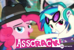 Size: 599x407 | Tagged: safe, edit, edited screencap, screencap, dj pon-3, pinkie pie, vinyl scratch, earth pony, pony, unicorn, expand dong, exploitable meme, hub logo, hub network, meme, rapper pie, vulgar