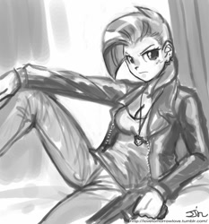 Size: 735x788 | Tagged: safe, artist:johnjoseco, babs seed, human, grayscale, gun, humanized, monochrome, no trigger discipline, older