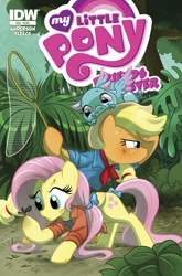 Size: 791x1200 | Tagged: safe, artist:amy mebberson, idw, applejack, fluttershy, earth pony, pegasus, pig, pigasus, pony, spoiler:comic, alan grant, bandana, camping, clothes, cover, duo, ellie sattler, feminism, jurassic park, shirt, tail bow, tanktop