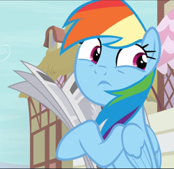 Size: 970x941 | Tagged: safe, derpibooru import, screencap, rainbow dash, pegasus, pony, daring done?, cropped, female, holding, mare, newspaper, solo