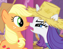 Size: 435x339 | Tagged: safe, edit, edited screencap, screencap, applejack, rarity, earth pony, pony, unicorn, simple ways, boop, cropped, noseboop, rarihick