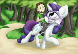 Size: 3016x2129 | Tagged: safe, artist:firefanatic, rarity, human, pony, unicorn, bridle, female, fluffy, forest, humans riding ponies, male, mare, riding, saddle, tack