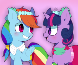 Size: 1802x1500 | Tagged: safe, artist:stupid works-stuwor, artist:stuwor-art, derpibooru import, rainbow dash, twilight sparkle, unicorn twilight, pegasus, pony, unicorn, a canterlot wedding, female, lesbian, shipping, twidash