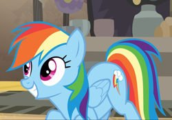 Size: 1184x822 | Tagged: safe, derpibooru import, screencap, rainbow dash, pegasus, pony, daring done?, cropped, crouching, cute, dashabetes, smiling, solo