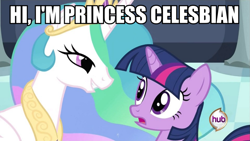 Size: 1199x675 | Tagged: safe, screencap, princess celestia, twilight sparkle, alicorn, pony, female, hub logo, image macro, lesbian, lidded eyes, meme