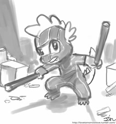 Size: 735x788 | Tagged: safe, artist:johnjoseco, spike, dragon, action pose, crossover, eskrima sticks, grayscale, kick-ass, monochrome, request