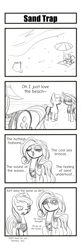 Size: 627x1920 | Tagged: safe, artist:thattagen, applejack, rarity, earth pony, pony, unicorn, 4koma, beach, comic, monochrome, newbie artist training grounds