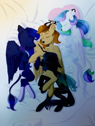 Size: 1620x2160 | Tagged: artist needed, safe, princess celestia, princess luna, queen chrysalis, oc, oc:king mirael, alicorn, changeling, changeling queen, pony, clothes, miraestia, miruna, panties, sleeping, socks, underwear