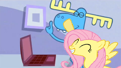 Size: 958x537 | Tagged: safe, fluttershy, pegasus, pony, fall weather friends, 1000 years in photoshop, computer, happy tree friends, lumpshy, lumpy, shipping, this will end in death, this will end in tears