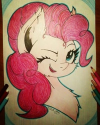 Size: 1232x1540 | Tagged: safe, artist:jennypaige, pinkie pie, earth pony, pony, bust, chest fluff, portrait, solo, traditional art, wink