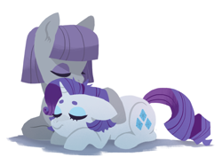 Size: 1674x1244 | Tagged: safe, artist:kianamai, maud pie, rarity, earth pony, pony, unicorn, beanbrows, clothes, cuddling, eyebrows, eyes closed, female, kilalaverse ii, lesbian, mare, maudabetes, nuzzling, rarimaud, shipping, simple background, white background