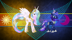 Size: 3840x2160 | Tagged: safe, artist:laszlvfx, artist:vector-brony, edit, princess celestia, princess luna, alicorn, crystal pony, pony, crystallized, female, mare, royal sisters, sisters, vector, wallpaper, wallpaper edit