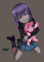 Size: 800x1125 | Tagged: safe, artist:tzc, boulder (pet), maud pie, pinkie pie, pony, equestria girls, boots, brown background, clothes, cute, equestria girls-ified, holding a pony, looking at you, pleated skirt, simple background, skirt