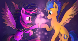 Size: 3046x1617 | Tagged: safe, artist:mugg1991, derpibooru import, flash sentry, twilight sparkle, twilight sparkle (alicorn), alicorn, pony, eye contact, female, flashlight, flying, heart, magic, male, mare, shipping, smiling, spread wings, straight