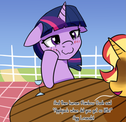 Size: 1763x1719 | Tagged: safe, artist:artiks, sunset shimmer, twilight sparkle, pony, atg 2020, blushing, dialogue, duo, female, floppy ears, heart eyes, hoof on chin, lesbian, newbie artist training grounds, shipping, sunsetsparkle, table, wingding eyes