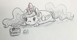 Size: 1280x673 | Tagged: safe, artist:candasaurus, princess celestia, alicorn, pony, cake, chibi, food, inktober, solo, traditional art, tsum tsum