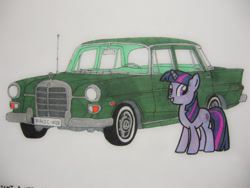 Size: 1024x768 | Tagged: safe, artist:patridam, derpibooru import, twilight sparkle, 60s, car, mercedes-benz, mercedes-benz 200d, solo, traditional art