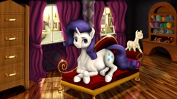 Size: 3840x2160 | Tagged: safe, artist:samum41, rarity, pony, unicorn, adorkable, carousel boutique, cupboard, curtains, cute, dork, dummy, fabric, fainting couch, female, interior, looking at you, lying, mannequin, needle, ponyquin, ponyville, realistic anatomy, reflection, room, scroll, smiling, sofa, solo, spool, thread, uncanny valley, window