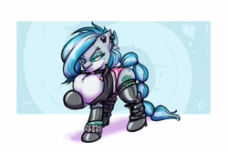 Size: 4000x2676 | Tagged: safe, artist:krd, oc, oc:misty, earth pony, pony, blue hair, blue lipstick, boots, bracelet, clothes, collar, cutie mark, ear piercing, eyeshadow, facial piercing, fishnet stockings, fluffy, green eyeshadow, hair, high res, jacket, jewelry, lipstick, makeup, nose piercing, panties, piercing, puffed chest, quadrupedal, rubber, shoes, solo, stockings, tattoo, thigh highs, underwear
