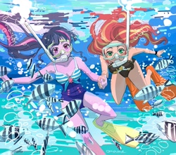 Size: 1337x1182 | Tagged: safe, artist:5mmumm5, sci-twi, sunset shimmer, twilight sparkle, fish, equestria girls, anime, bubble, clothes, female, flippers, holding hands, lesbian, ocean, scitwishimmer, scuba diving, scuba mask, shipping, sleeveless, snorkel, sunsetsparkle, swimming, swimsuit, underwater, water