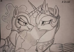 Size: 951x666 | Tagged: safe, artist:jeki, nightmare moon, princess celestia, alicorn, pony, crown, evil grin, female, grin, helmet, inktober, jewelry, looking at each other, mare, regalia, sisters, smiling, traditional art