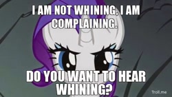 Size: 550x310 | Tagged: source needed, useless source url, safe, edit, edited screencap, screencap, rarity, pony, unicorn, a dog and pony show, looking at you, meme, obtrusive text, solo, this will not end well, whining, writing