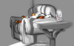 Size: 1600x1000 | Tagged: safe, artist:da-exile, princess celestia, oc, oc:rum, alicorn, pony, figurine, pillow, sleeping, sofa