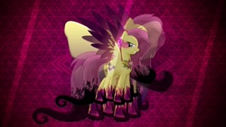 Size: 1191x670 | Tagged: safe, artist:laszlvfx, artist:rainbownspeedash, derpibooru import, edit, fluttershy, pegasus, pony, corrupted, dark, element of kindness, sombra eyes, vector, wallpaper, wallpaper edit