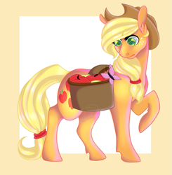 Size: 845x862 | Tagged: safe, artist:space-geckos, applejack, earth pony, pony, apple, raised hoof, saddle bag, solo