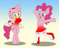 Size: 3414x2803 | Tagged: safe, artist:foxbeast, part of a series, part of a set, pinkie pie, earth pony, hybrid, pony, amy rose, body swap, character to character, crossover, female, gradient background, partial body swap, pony to anthro, sega, simple background, sonic the hedgehog, sonic the hedgehog (series), transformation, video game, what has science done