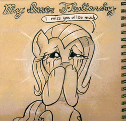 Size: 1326x1272 | Tagged: safe, artist:docwario, fluttershy, pegasus, pony, both cutie marks, crying, monochrome, solo, traditional art