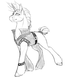 Size: 616x716 | Tagged: safe, artist:the-coffee-cobra, rarity, pony, unicorn, alternate hairstyle, bracelet, clothes, female, grayscale, jacket, jewelry, mare, missing cutie mark, monochrome, punk, raripunk, simple background, sketch, smiling, solo, spiked wristband, studded bracelet, walking, white background, wristband