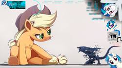 Size: 1919x1079 | Tagged: safe, artist:ncmares, derpibooru import, edit, applejack, dj pon-3, fluttershy, vinyl scratch, alien, earth pony, pegasus, pony, unicorn, alien (franchise), calendar, clock, cute, desktop, happy, music, music notes, music player, rainmeter, teamspeak, wallpaper, windows, windows 7, xenomorph