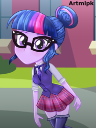 Size: 1536x2048 | Tagged: safe, artist:artmlpk, sci-twi, twilight sparkle, equestria girls, adorable face, adorkable, beautiful, blushing, clothes, cute, design, digital art, dork, hair bun, looking at you, miniskirt, nerd, outfit, skirt, smiling, smiling at you, socks, solo, thigh highs, twiabetes, walking