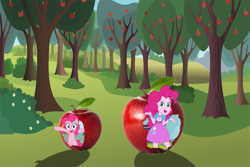 Size: 900x600 | Tagged: safe, pinkie pie, equestria girls, apple, apple tree, bush, canterlot high, food, ponyville, sweet apple acres, tree